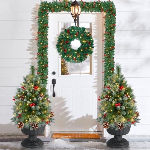 Christmas Tree Urn Filler with Timer, Pre-lit Warm White & Multi-Color Changing LED Lights, Artificial Xmas Tree for Porch, Pathway, Yard, Outdoor Holiday Decoration (2, Tree with Snow)