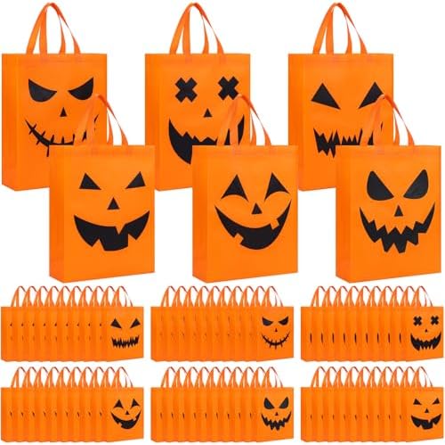 Sanwuta 150 Pcs Halloween Tote Gift Bags 14.9 x 11.8 Large Treat or Trick Pumpkin Reusable Non Woven Candy Goodies Bag for Halloween