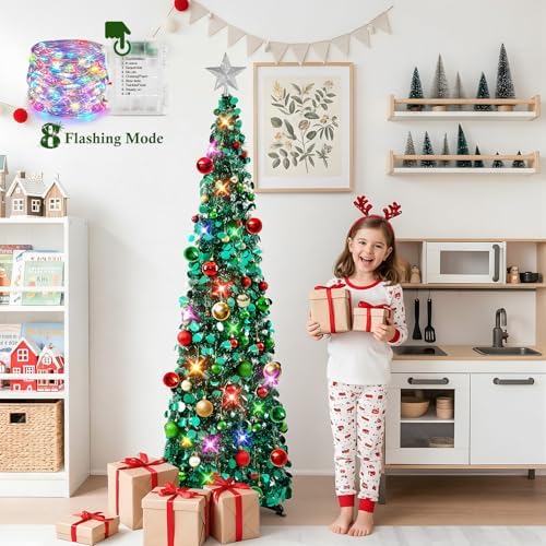 N&T NIETING Pop Up Christmas Tree with Lights & Ornaments,5FT, Peacock Blue