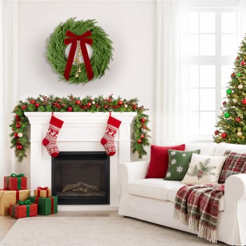 Christmas Decor, 24" Norfolk Pine Christmas Wreath with Velvet Bow & Bells
