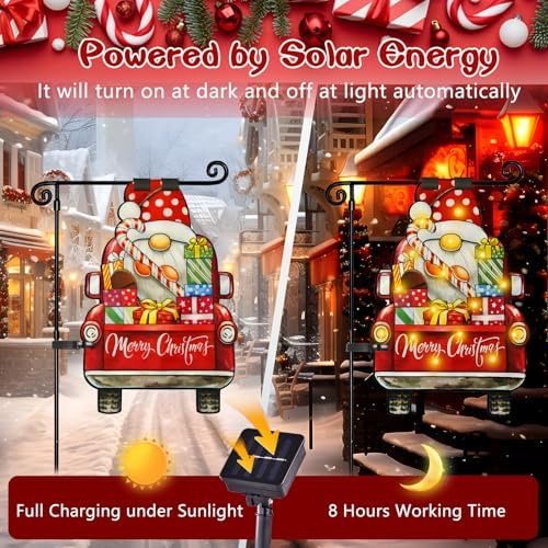 12x18 Lighted Christmas Dwarf Garden Flag, 8 Modes Solar LED