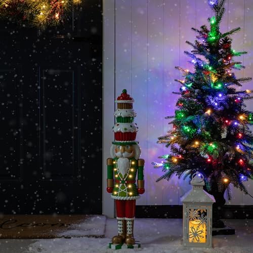 Glitzhome 28''H Lighted Resin Christmas Nutcracker with Cupcake Hat Porch Decor with Timer, Xmas Winter Patio Front Porch Indoor Outdoor Home Standing Decor