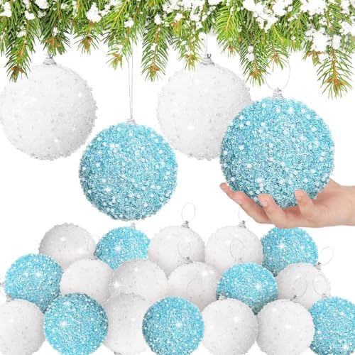 Lyrow 24 Pcs 4" Christmas Ball, White, Light Blue