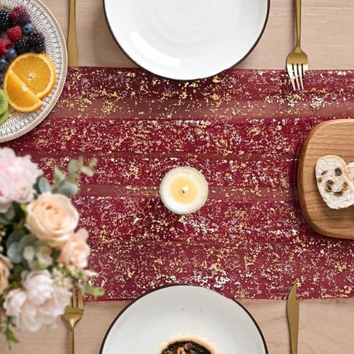 Artoid Mode Burgundy Gold Gauze Table Runner 120 Inch 10FT, Glitter Metallic Foil Sheer Dining Wedding Anniversary Holiday Birthday Table Decor for Home Party
