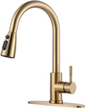 WOWOW Brushed Gold Kitchen Faucet With Sprayer, Stainless Steel High Arc Single Handle Sink Faucet for 1 or 3 Hole, Luxurious Gold Utility RV Kitchen Tap
