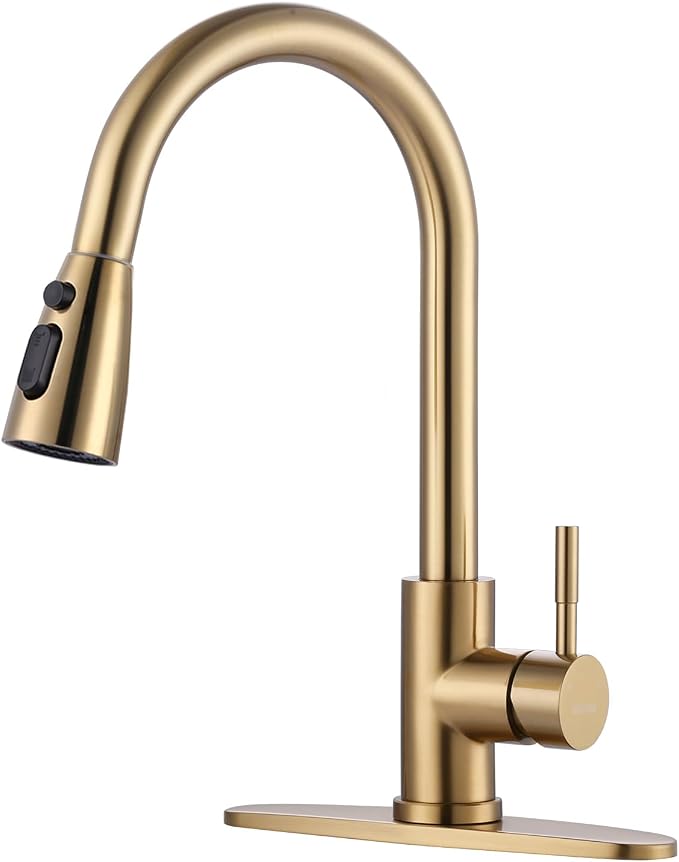 WOWOW Brushed Gold Kitchen Faucet With Sprayer, Stainless Steel High Arc Single Handle Sink Faucet for 1 or 3 Hole, Luxurious Gold Utility RV Kitchen Tap