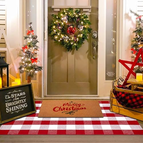 Christmas Red and White Plaid Door Mat, 3' x 5'Cotton Hand-Woven Layered Entry Mat for Front Porch, Entryway, Outdoor Holiday Decor, Washable Buffalo Check Doormat for Home, Patio, Kitchen