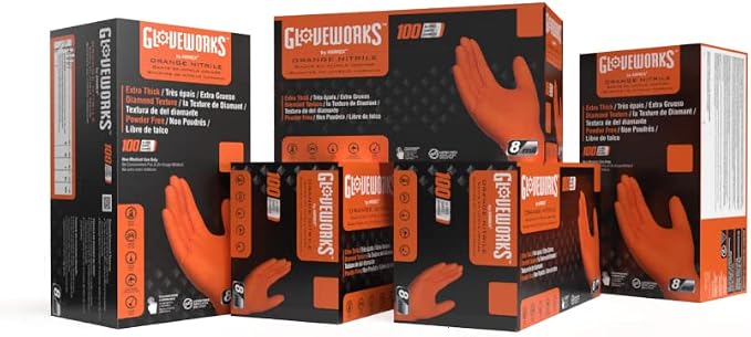 GLOVEWORKS HD Orange Nitrile Disposable Gloves 8 Mil Raised Diamond Texture 1000