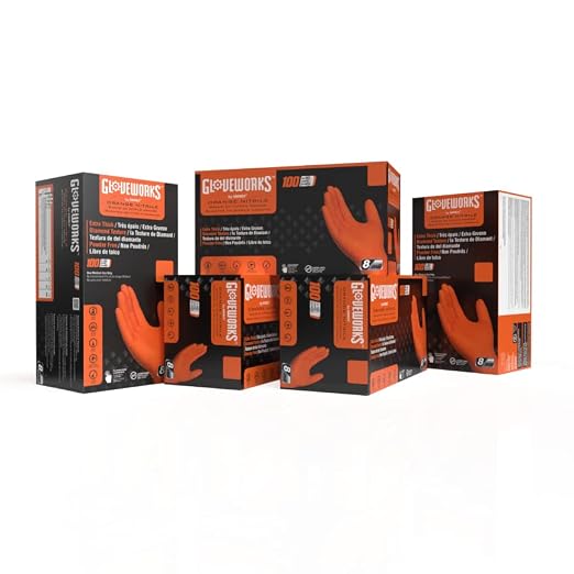 GLOVEWORKS Nitrile Gloves Disposable Orange 8 mil, Medium 5 Boxes of 100 | Heavy Duty Gloves for Mechanics Shops, Industrial, Business & Home Use, Bulk Purchasing Options, Rubber Alternative