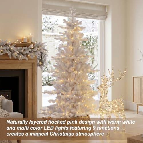 Glitzhome 6ft Prelit Artificial Christmas Tree, Slim White Frostfall Fir Xmas Tree with 260 Warm White & Multi-Color Lights, 1,056 PE&PVC Tips, Flocked Christmas Tree for Indoor Holiday Spaces