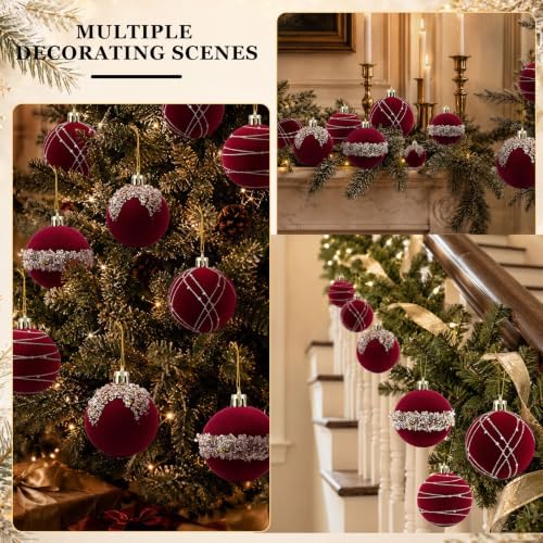 12Pcs Red Velvet Christmas Ornaments 2.36 in Balls for Christmas Tree Deco