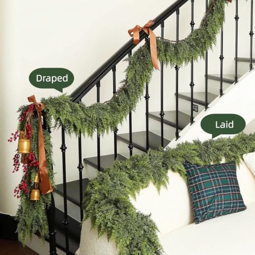 6FT 1Pcs Christmas Cedar Garland Artificial Realistic Soft Thick Green Faux Lush Cedar Pine Garland for Fireplace Mantel Stairs Doorframe Table Porch Indoor Outdoor Holiday Decor