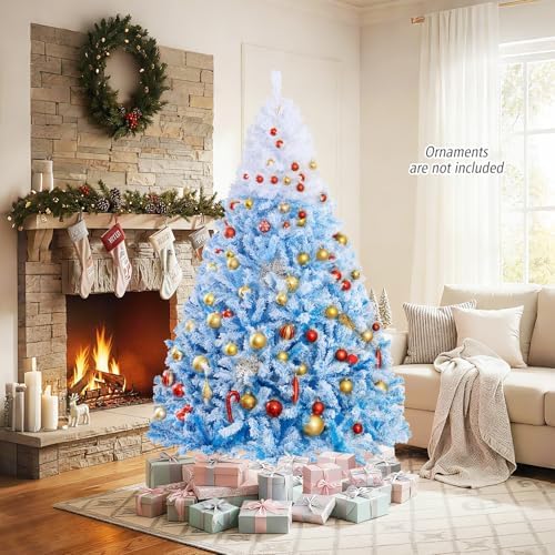 HAPPYGRILL 7 FT Flocked Christmas Tree Blue Hinged Xmas Tree with 1264 Branch Tips & Folding Metal Stand, Artificial Christmas Tree for Home Office Carnival