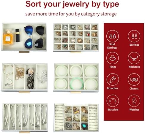 BOOVO Jewelry Boxes for Women, White and Black 6 Layer Large Jewelry Box for Necklace, Bracelet, Earrings, Rings Storage, Jewelry holder Organizer for Girls Gift (Grey and Gold, 6 layer)