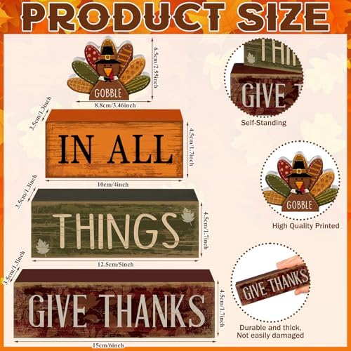 Moucuny 4 Pcs Thanksgiving Table Decoration Gobble Turkey Wooden Block Sign