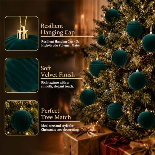 9Pcs Green Velvet Christmas Ornaments 3.94In Balls for Christmas Tree Deco