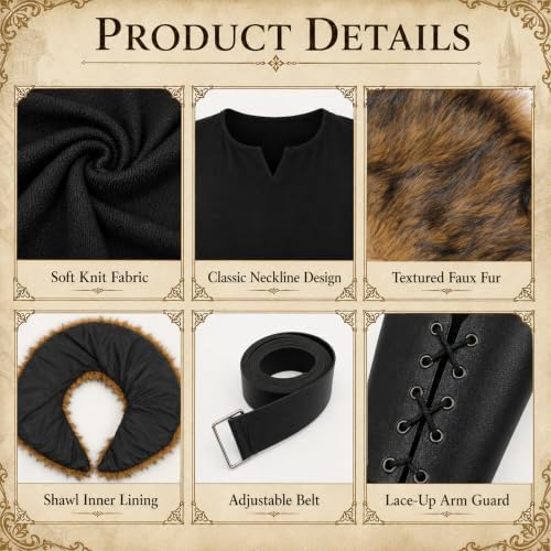 Adult Viking Costume for Men with Renaissance Tunic and Faux Fur Shawl