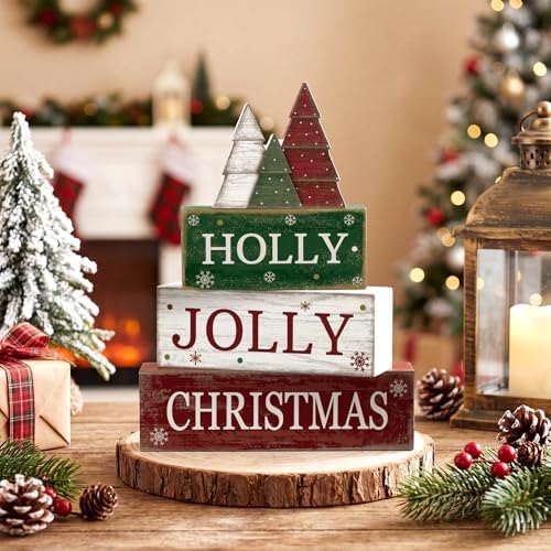 Moucuny 4 Pcs Christmas Table Decor, Jolly Christmas Tree Wooden Signs