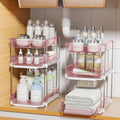 Delamu 2 Pack 3-Tier Bathroom Under Sink Organizers and Storage, Multi-Purpose Stackable Pantry Organization and Storage, Pull Out Clear Kitchen Bathroom Cabinet Organizer with Movable Dividers, Pink