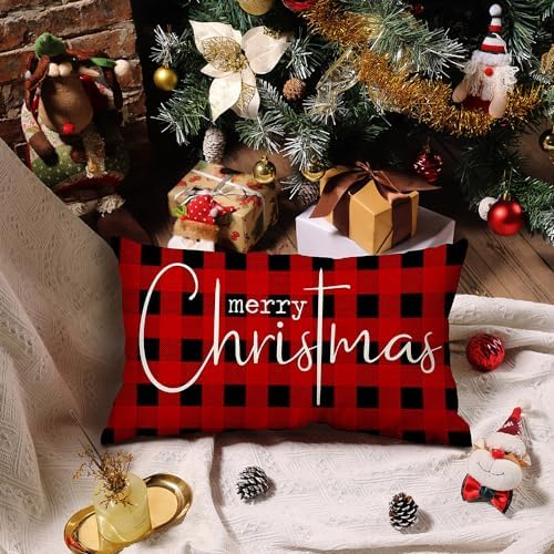 Allorry Christmas Pillow Covers Merry Christmas Throw Pillow Decorative Christmas Red and Black Cotton Cloth Linen Cloth Pillow Cover Sofa Cover Decorative Rectangle Length 12X20