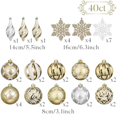 Valery Madelyn 40ct Christmas Tree Decorations Ball Ornaments Set Large