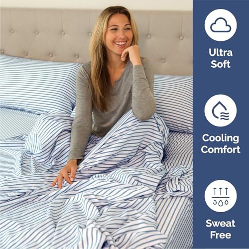 Queen Size 4 Piece Sheet Set - Breathable & Cooling Sheets - Blue Stripes