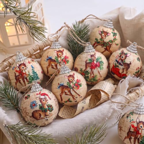 Outus 16 Pcs Vintage Reindeer Christmas Tree Ball Ornaments, Retro Christmas Decorations for Farmhouse Xmas Tree, Hanging Elk Ornaments for Home Fireplace Holiday Party Decor