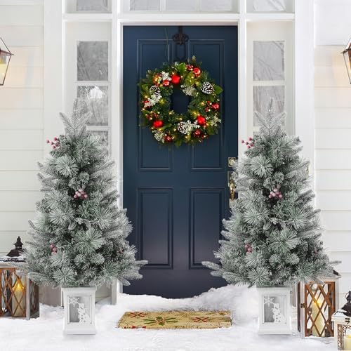 GAOMON 3ft Prelit Snow Flocked Christmas Tree with White Snowman Box Base