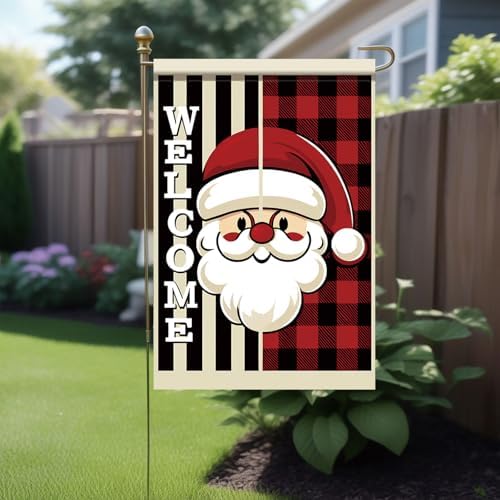 Christmas Santa Claus Garden Flag Welcome Sign Outdoor Yard Decoration Red Black Plaid Buffalo Check Holiday Banner Vertical Double Sided Winter Holiday House Lawn Decor 12 x 18 Inch