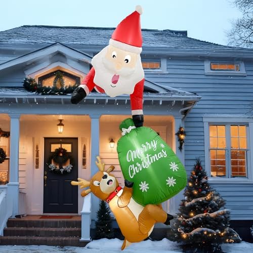 OurWarm 8FT Hanging Christmas Inflatable Outdoor Decoration, Climbing Santa Claus Inflatable with Reindeer Persent Bag, Christmas Blow Ups Outdoor Built-in LED Lights for Xmas Yard Trees Windows Eaves