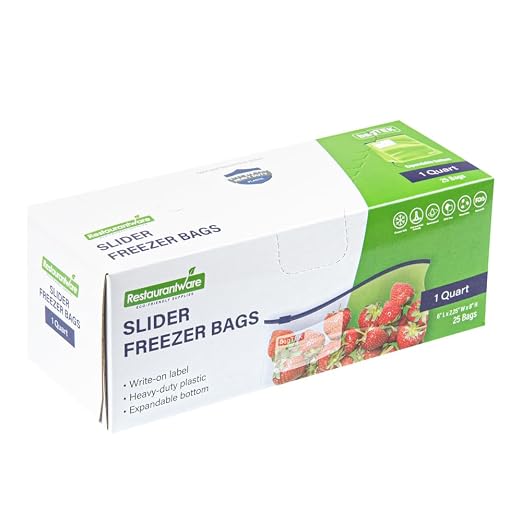 Restaurantware-Bag Tek 1 Quart Freezer Slider Bags, 25 Disposable Zipper Pouch Bags - Slide Zipper, Expandable Bottom, Clear Plastic Freezer Bag, With Write-On-Label, For Food Storage