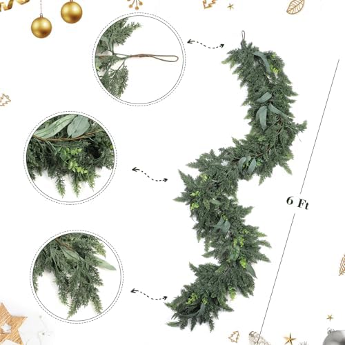 Christmas Garland, 6FT Real Touch Cedar Garland for Indoor Outdoor