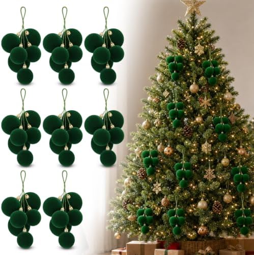 Roowest 8 Sets Large Green Velvet Christmas Ball Clusters Ornaments Decor