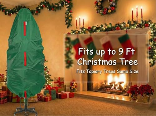 Upright Christmas Tree Storage Bag - Fits 9 Ft Artificial Xmas & Topiary Tree, Vertical Holiday Cover, Durable, Dustproof & Easy-Use Xmas Storage, Green