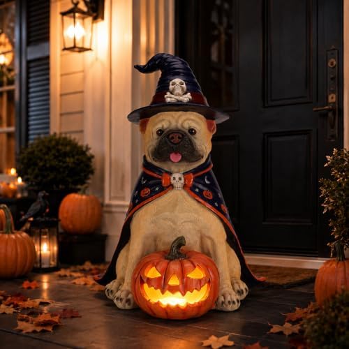 Halloween Large French Bulldog Statue with Glowing Pumpkin,Porch Decor