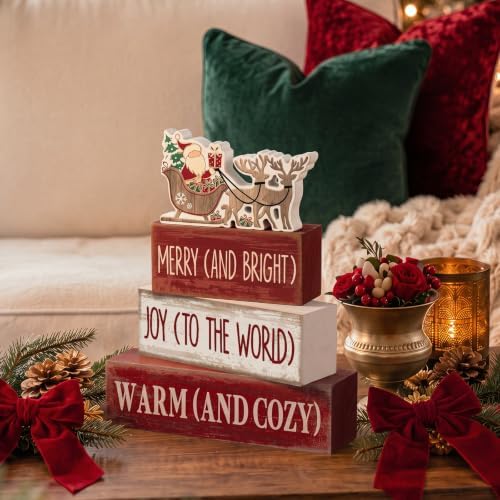 Moucuny 4 Pcs Christmas Table Decoration for Home Wooden Santa Sleigh Signs