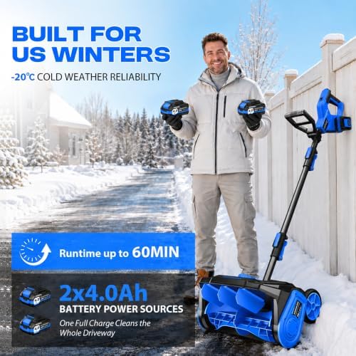 40V Electric Cordless Snow Shovel, 17 Inch Brushless Snow Blower with 2×4.0Ah Batteries & Fast Charger, 30FT Throw Distance Snow Shovel for Driveway, Patio, Deck, Walkway