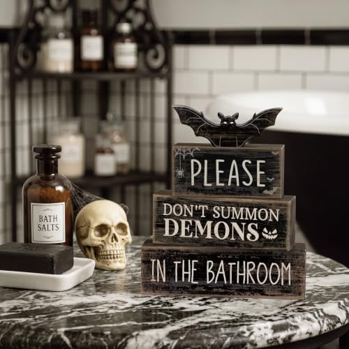 Moucuny 4 Pcs Halloween Bathroom Decoration Gothic Bat Wooden Stacked Block