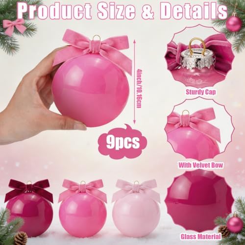 Hollowfly 9 Pcs 4 Inch Pink Glass Christmas Ornaments with Velvet Bow
