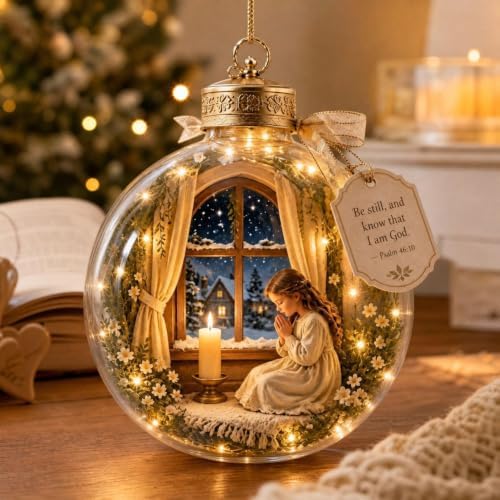 Illuminated Scripture Keepsake Ornament, Lighted Hanging Decoration with Bible Verse, Religious Themed Holiday Ornament, Transparant Ball with 2D Flat Sheet for Christmas Tree Home Display，H