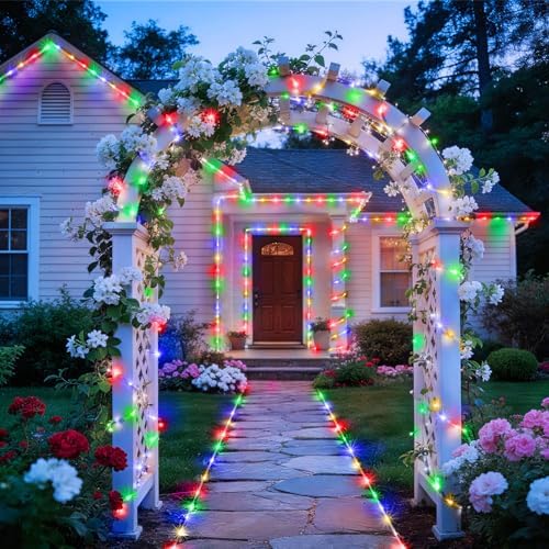 KNONEW Solar Rope Lights Outdoor 2 Packs Total 600LED 100FT Solar String Light Outside Waterproof with 8 Modes Clear Thin Tube for Pool Patio Garden Fence Camping Yard Deck Trampoline（Multicolor）
