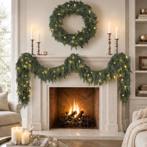 4PCS 6FT Christmas Pre-Lit Cedar Garlands with Lights Pine Garland Decor