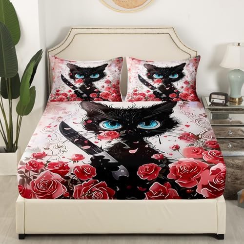 Black Cat Bed Sheet Queen Size Red Rose Sheets Sets Adults Bedroom Decor Cartoon Cat Microfiber Bedding Set with Flat,Fitted Sheet,2 Pillow Cases