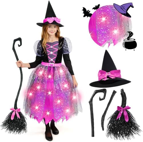 Spooktacular Creations Witch Costume Girls, Light Up Halloween Costumes Witch Dress with Hat and Broom for Girls, Sweet Wizard Set for Girls Scary Halloween Themed Parties, Pink, L