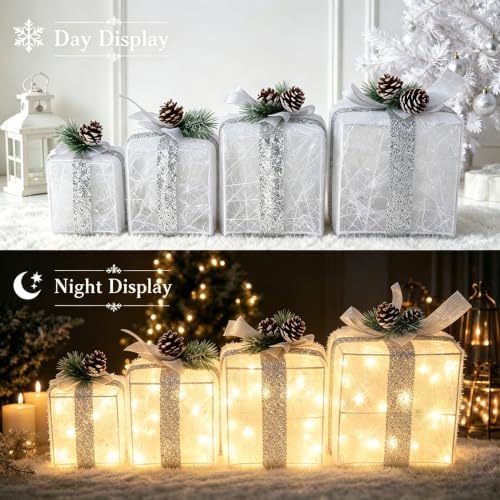 Set of 4 Christmas Lighted Gift Boxes, Battery Operated Xmas Decor