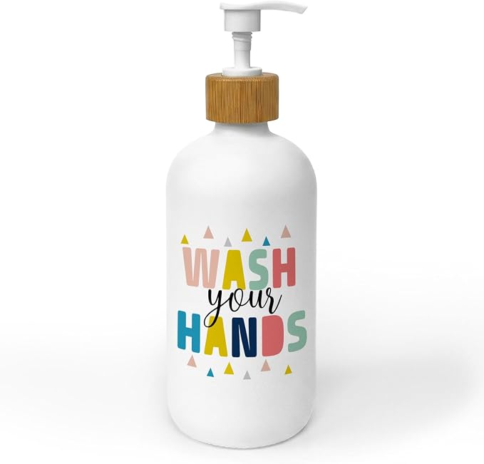 Kids Bathroom Decor Soap Dispenser, Wash Your Hands Glass Soap Dispenser, Colorful Boho Refillable Handsoap Pump Bottle for Bathroom Washroom Countertop