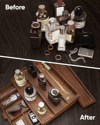 Cologne Organizer for Men, 3 Tier Wooden Cologne Stand with Drawer Storage and Hidden Compartment, Perfume Display Holder for Dresser, Great Gifts for Him Dad Fathers, Brown