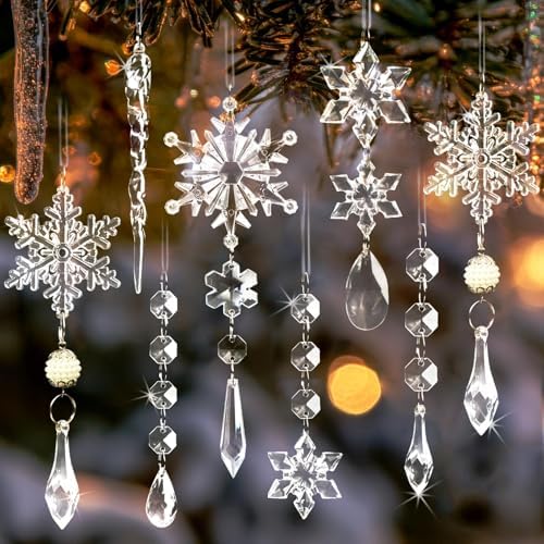 Crystal Christmas Tree Ornaments, Clear Acrylic Snowflake & Icicle, 48pcs