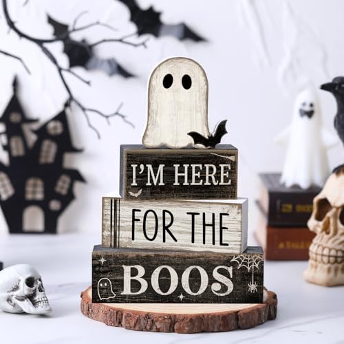 Lineshading 4 Pcs Halloween Table Decoration Ghost Wooden Tiered Tray Decor