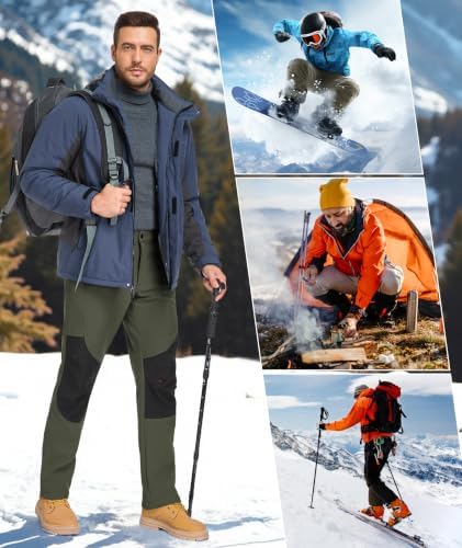 Mens Winter Snow Pants Waterproof Thermal Fleece Lined Hiking Pants with Zip Pockets